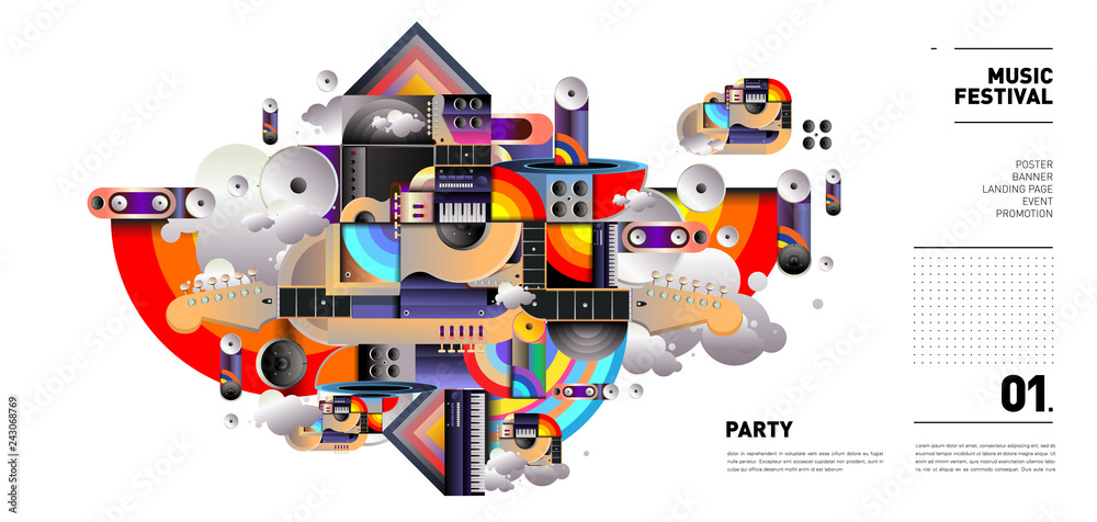 Music Festival Illustration Design for Party and Event. Vector Illustration Collage of Music for Background and Wallpaper in eps 10