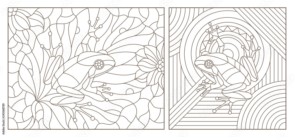Set of contour illustrations of stained glass Windows with frogs, dark contours on a white background