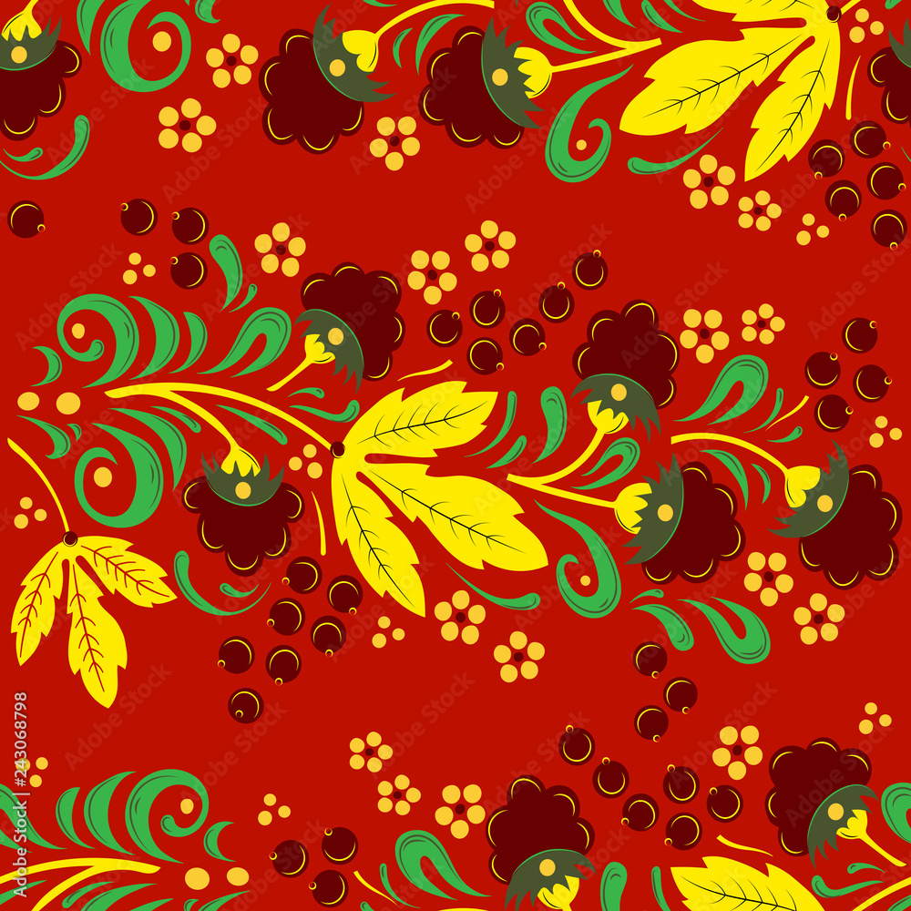 Seamless floral pattern in folk painting style, flowers, leaves and berries on red  background