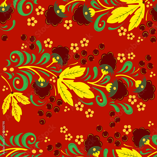 Seamless floral pattern in folk painting style  flowers  leaves and berries on red  background