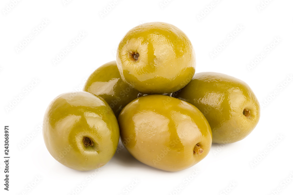 Green olives isolated on a white background Green olives isolated on a white background