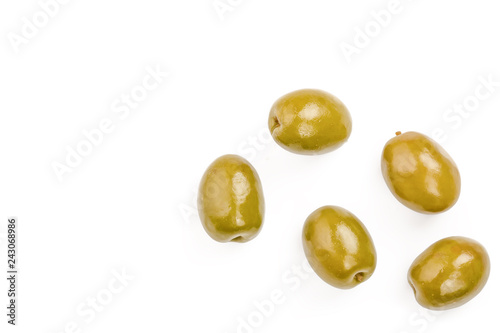 Green olives isolated on a white background with copy space for your text. Top view. Flat lay