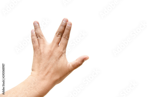 Hand palm which fingers splitting gesture on left hand isolated on white background.
