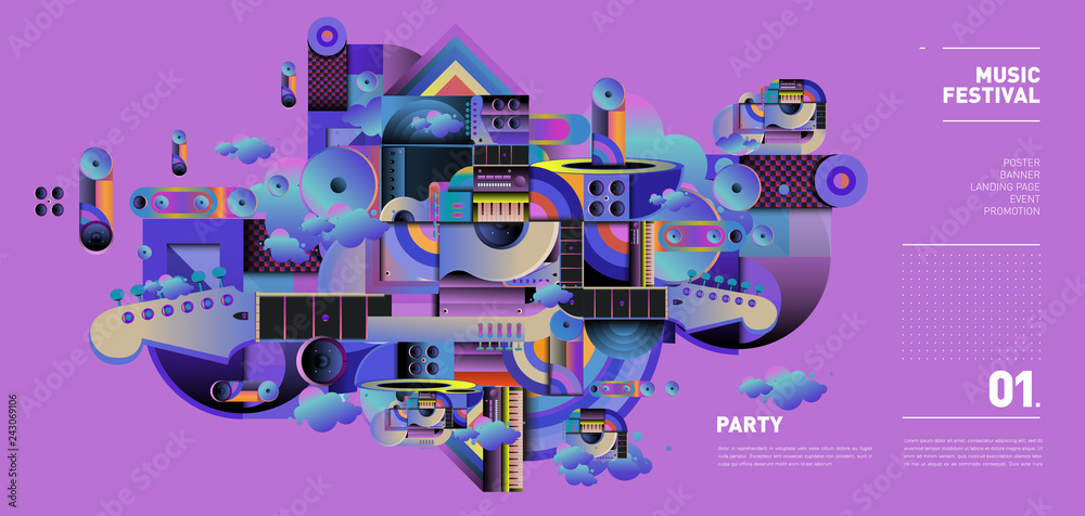 Music Festival Illustration Design for Party and Event. Vector Illustration Collage of Music for Background and Wallpaper in eps 10