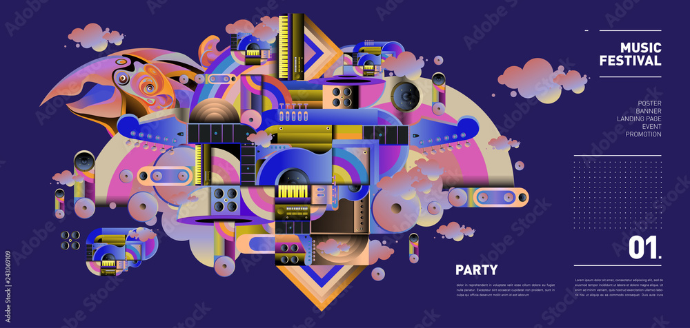 Obraz premium Music Festival Illustration Design for Party and Event. Vector Illustration Collage of Music for Background and Wallpaper in eps 10