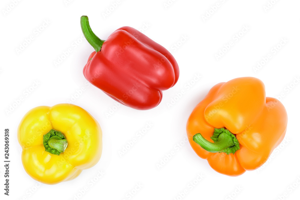 yellow orange and red sweet bell pepper isolated on white background. Top view. Flat lay yellow orange and red sweet bell pepper isolated on white background. Top view. Flat lay