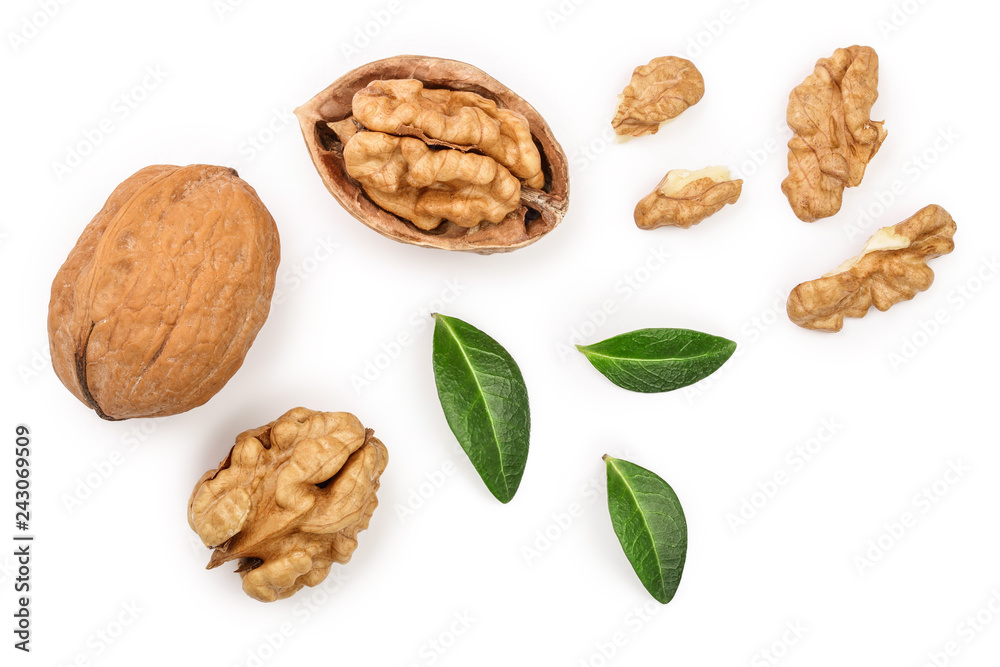 Walnuts with leaf isolated on white background. Top view. Flat lay Walnuts with leaf isolated on white background. Top view. Flat lay