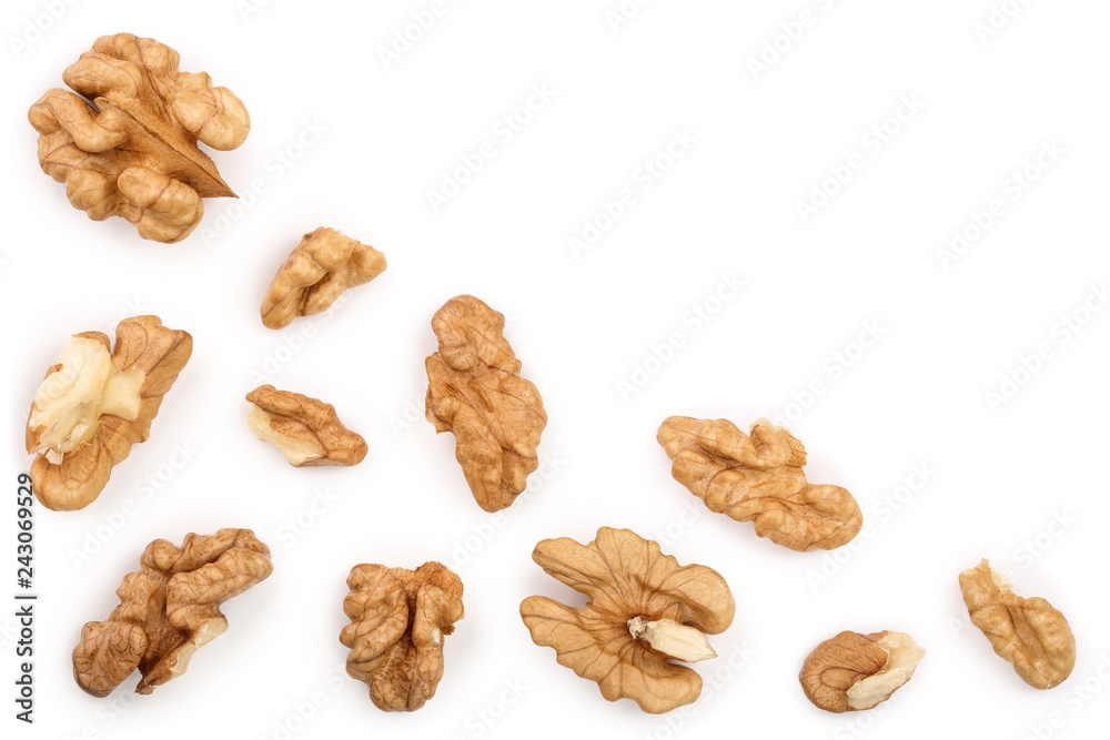 peelled Walnuts isolated on white background with copy space for your text. Top view. Flat lay peelled Walnuts isolated on white background with copy space for your text. Top view. Flat lay