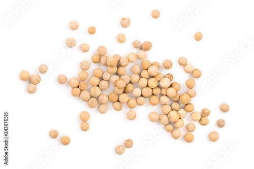 white peppercorns isolated on white background. Top view. Flat lay. Close up