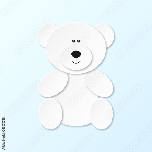 cute north arctic polar white bear toy in paper cut craft style sitting on white blue snow background, stock vector illustration clip art © anastasiia agafonova
