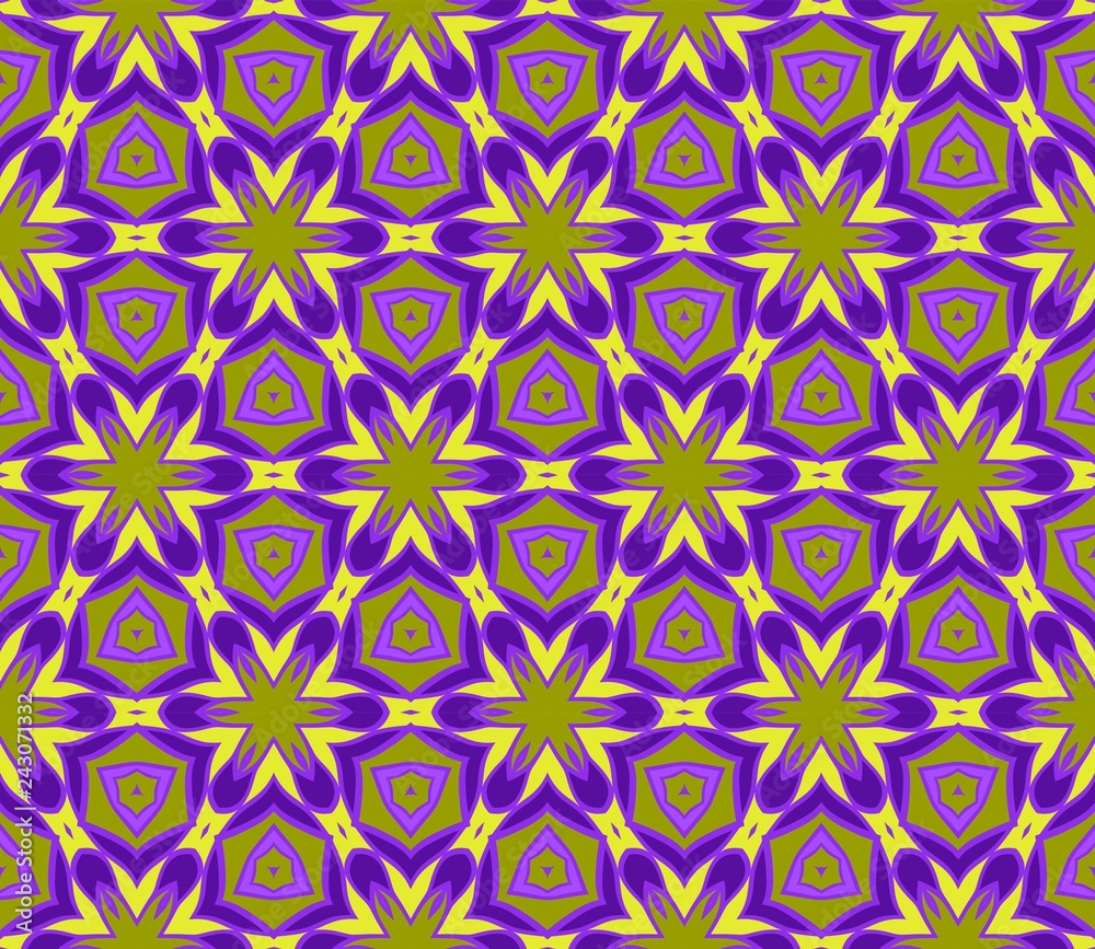 Seamless Pattern With Geometric Ornament. Vector Illustration. For Fabric, Textile, Print. Purple, yellow color Seamless Pattern With Geometric Ornament. Vector Illustration. For Fabric, Textile, Print. Purple, yellow color