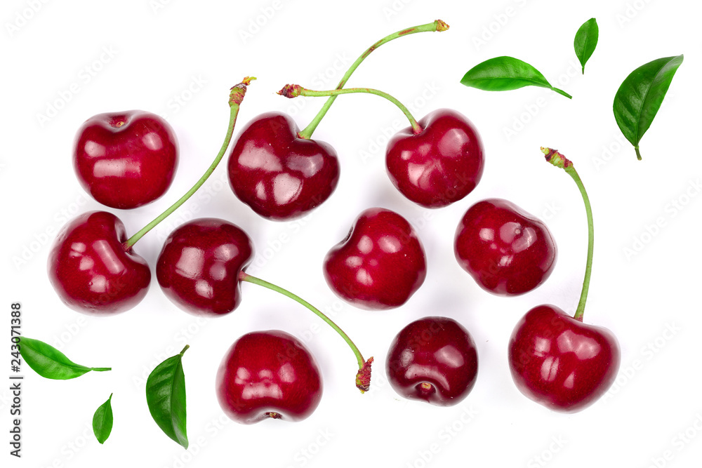 Sweet red cherries with leaves isolated on white background. Top view. Flat lay pattern