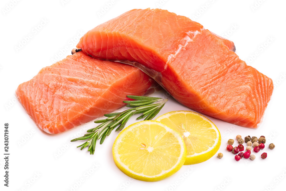 fillet of red fish salmon with lemon and rosemary isolated on white background