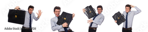 Foto Young employee with briefcase isolated on white