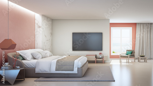 Sea view bedroom and pink coral living room of luxury summer beach house with double bed near wooden cabinet. TV on white wall in vacation home or holiday villa. Hotel interior 3d illustration. © terng99