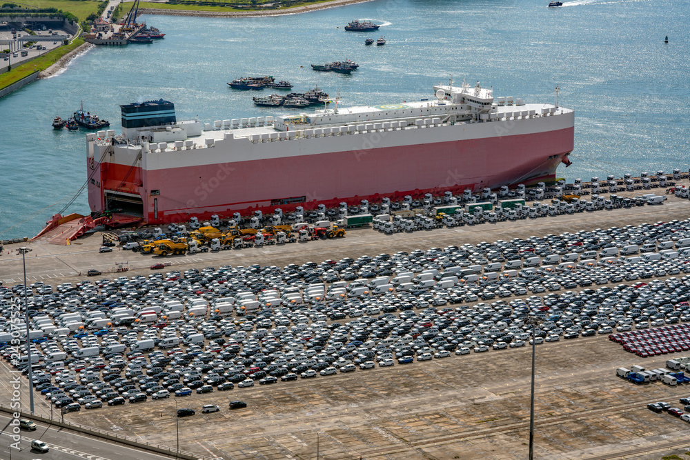 Car carrier ship with imported automobiles