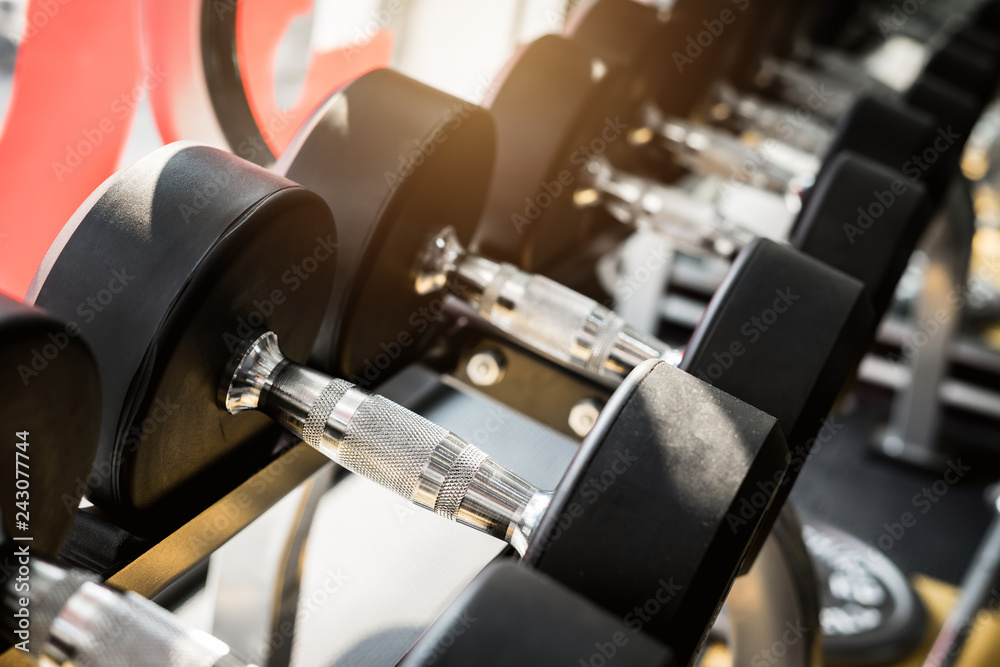 Rows of dumbbells on a rack in a gym Rows of dumbbells on a rack in a gym