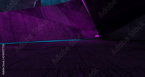 Abstract  Concrete Futuristic Sci-Fi interior With Pink And Blue Glowing Neon Tubes . 3D illustration and rendering.