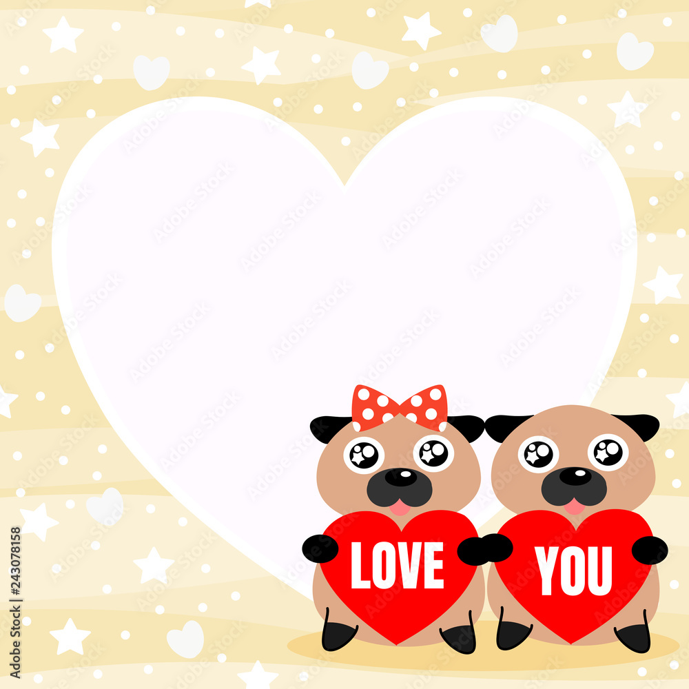 Cute couple pug hold word 'LOVE YOU' background.