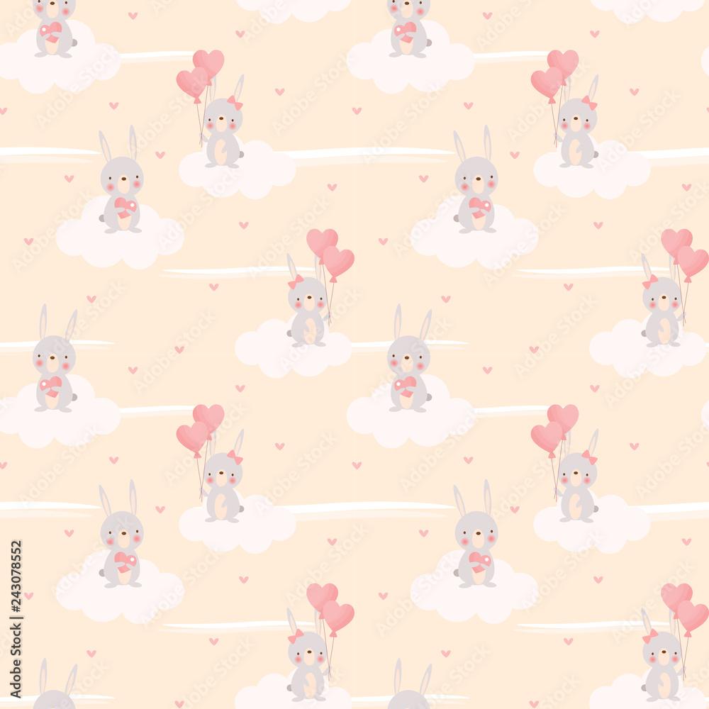 Cute bunny and heart shaped balloon seamless pattern.