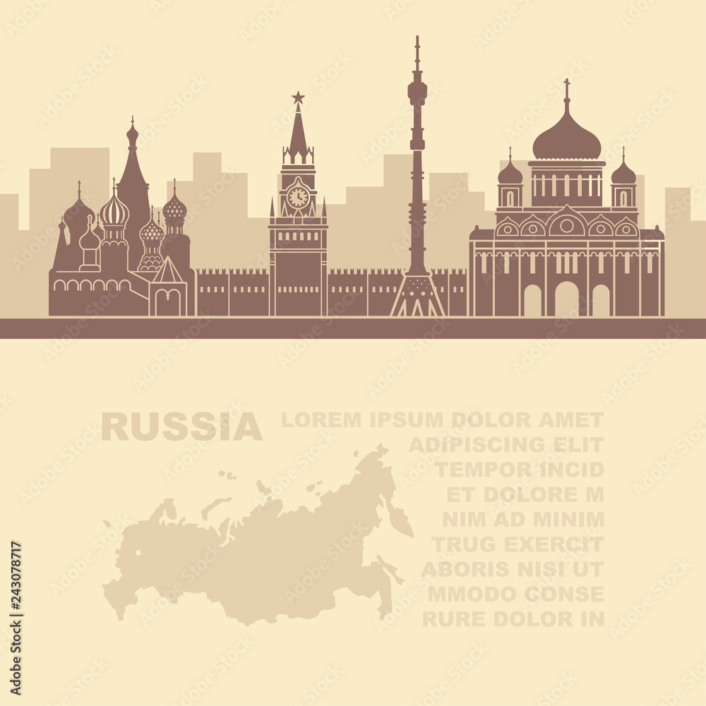 Obraz premium Pattern leaflets with a map of Russia and architectural sights of Moscow