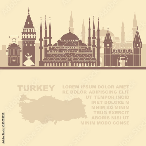 Template leaflets with a map of Turkey and landmarks of Istambul