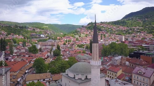 sarajevo aerial passing by a mosque