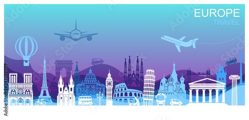 Abstract panorama of Europe. Landmarks in style paper art and craft