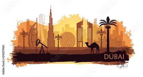 Stylized kyline of Dubai with camel and date palm with spots and splashes of paint. United Arab Emirates