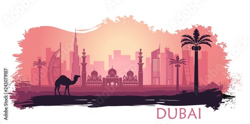 Stylized kyline of Dubai with camel and date palm with spots and splashes of paint. United Arab Emirates