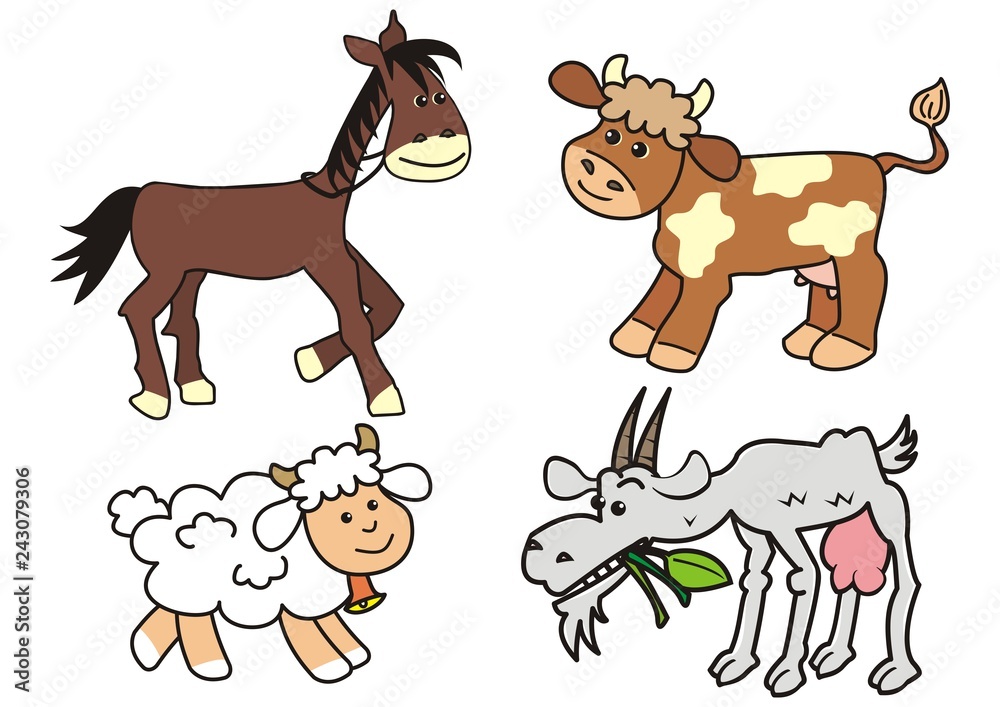 Group of farm animals, horse, cow, sheep and goat, funny cute vector illustration Group of farm animals, horse, cow, sheep and goat, funny cute vector illustration