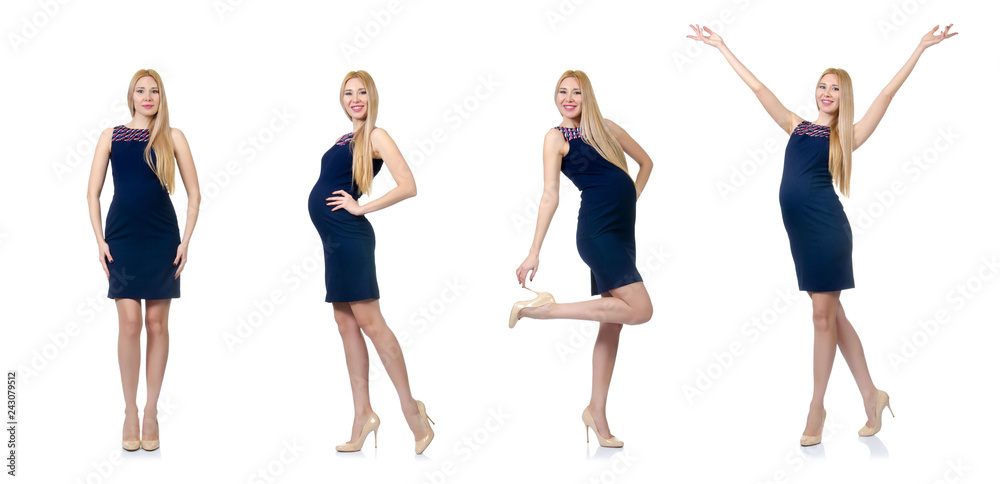 Fototapeta premium Beautiful pregnant woman in blue dress isolated on white
