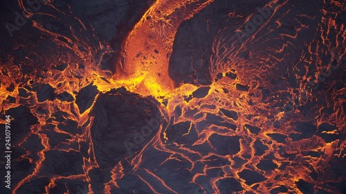 Aerial view of red hot volcanic magma flowing