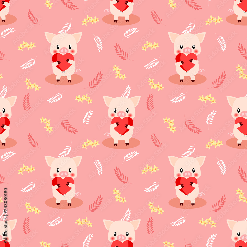 Cute pig hold a big heart seamless pattern. Cute pig hold a big heart seamless pattern.
