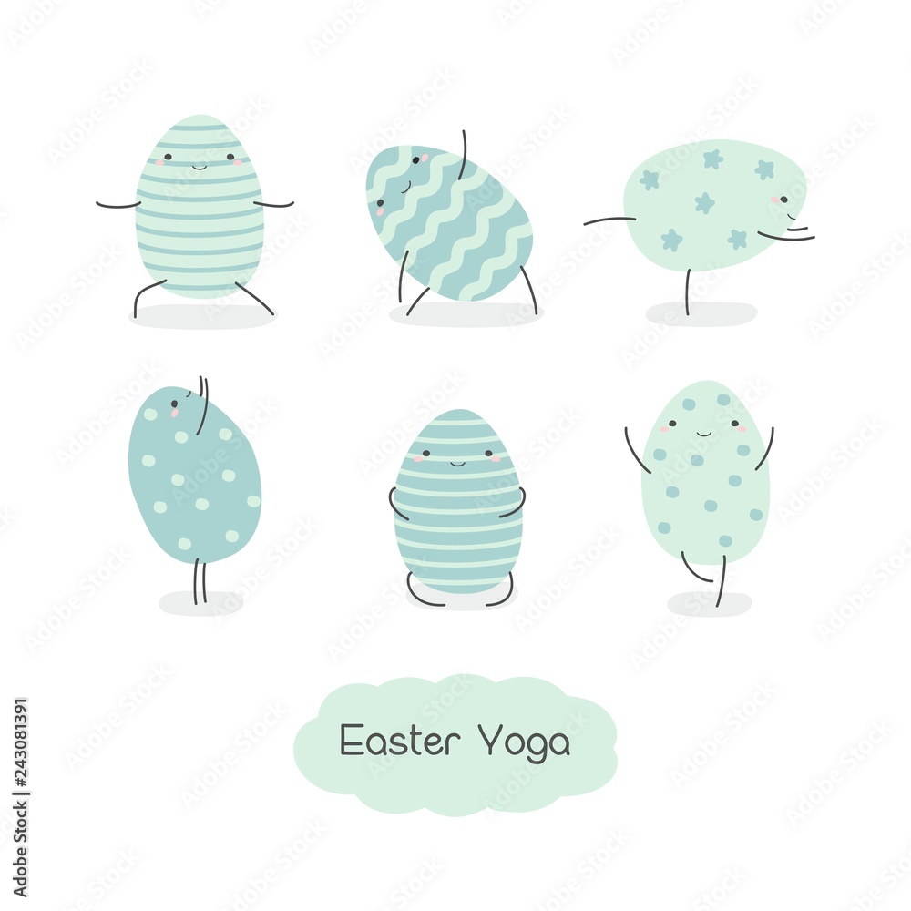 Set of Easter eggs in kawaii style . Easter yoga. Stripes, waves, dots,  hearts, stars. Perfect for holiday greetings. Vector illustration. Stock  Vector