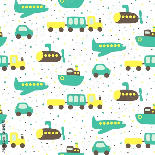 Cute seamless pattern with airplane, car, train, ship. Print for kids. Vector illustration.