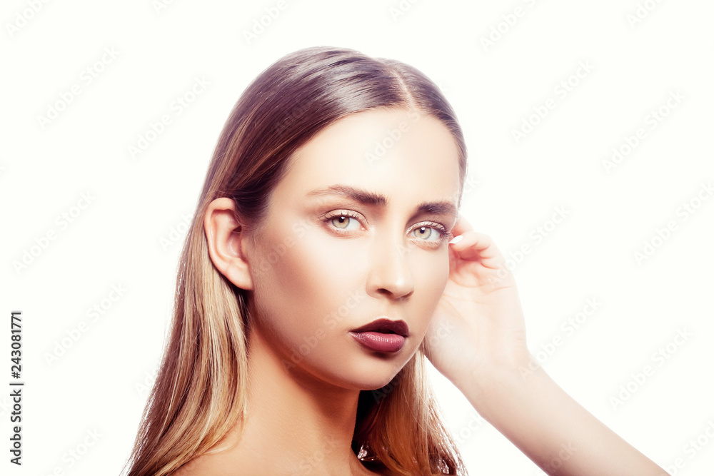 Beauty portrait of caucasian model girl with bright make-up, marsala red lips and perfect fresh skin hold hand near blonde hair. Lady with green eyes. Skincare Concept. Copy space Beauty portrait of caucasian model girl with bright make-up, marsala red lips and perfect fresh skin hold hand near blonde hair. Lady with green eyes. Skincare Concept. Copy space