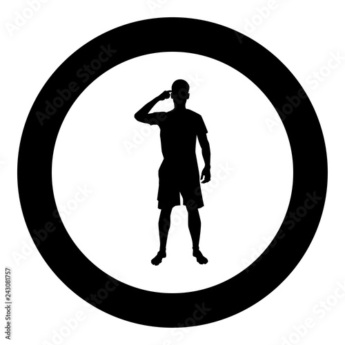 Man pointing at the temple with a finger silhouette front view Need thinking concept icon black color illustration in circle round