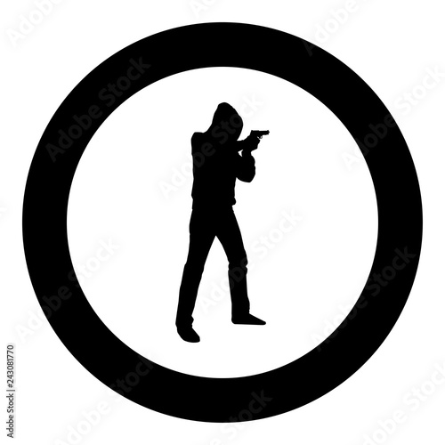 Man in the hood with gun Concept danger short arm icon black color illustration in circle round