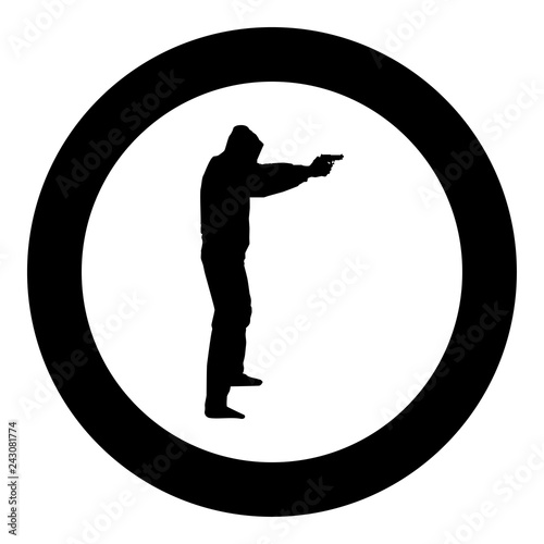 Man in the hood with gun Concept danger outstretched arms icon black color illustration in circle round