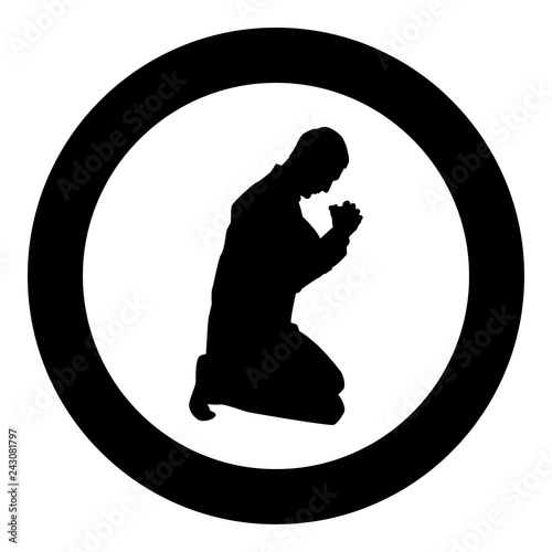 Man pray on his knees silhouette icon black color illustration in circle round