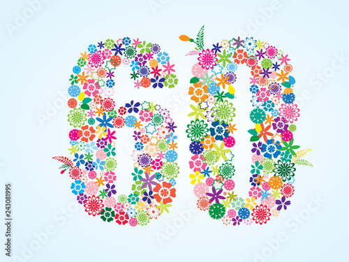 Vector Colorful Floral 60 Number Design isolated on white background. Floral Number Sixty Vector Typeface.