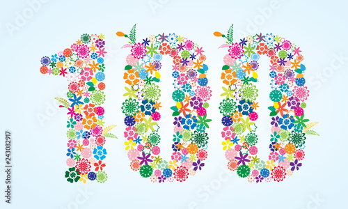 Vector Colorful Floral 100 Number Design isolated on white background. Floral Number One Hundred Vector Typeface.