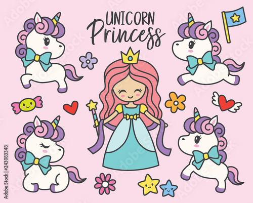 Cute little princess and unicorns vector illustration set.