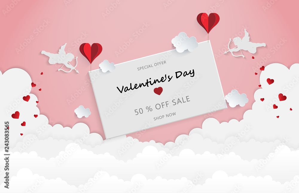 Plakat Valentines day sale background with balloons heart. and Cloud. Vector illustration.Wallpaper. flyers, invitation, posters,paper art 3d from digital craft style.