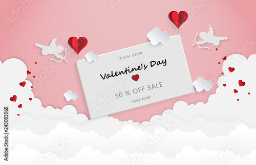 Valentines day sale background with balloons heart. and Cloud. Vector illustration.Wallpaper. flyers, invitation, posters,paper art 3d from digital craft style.