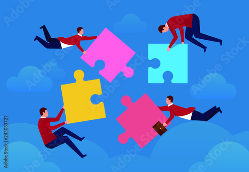 Four businessmen in the air to piece together the puzzle