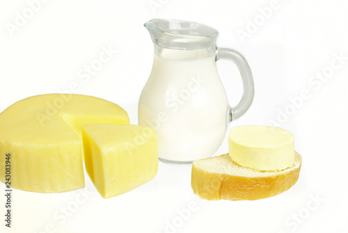Milk, butter, cheese. dairy products. Isolated on white