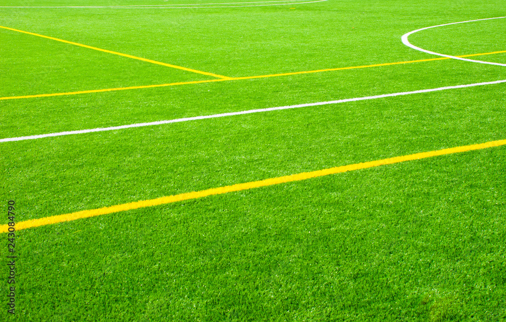 Football field green background with white and yellow line. Sport texture.