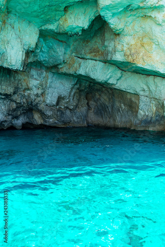 Greece, Zakynthos, Beautiful shiny tuquoise sea water at a blue cave